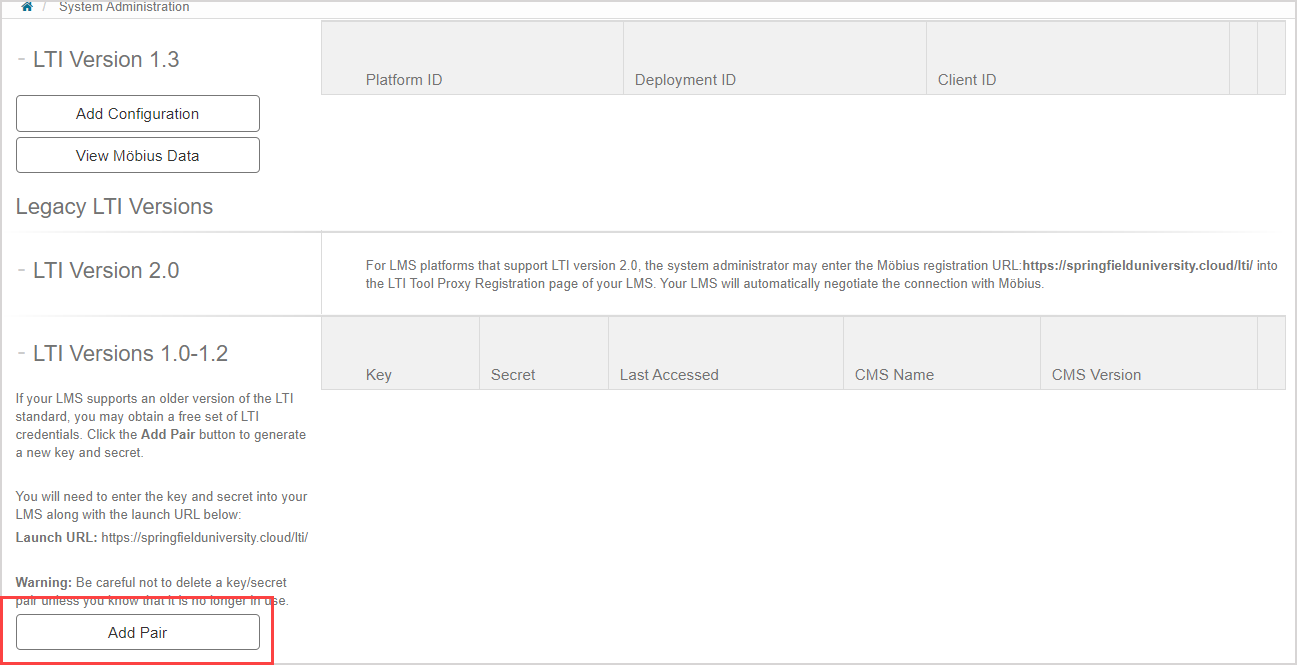 Under LTI Versions 1.0-1.2 heading, the Add Pair button is highlighted.